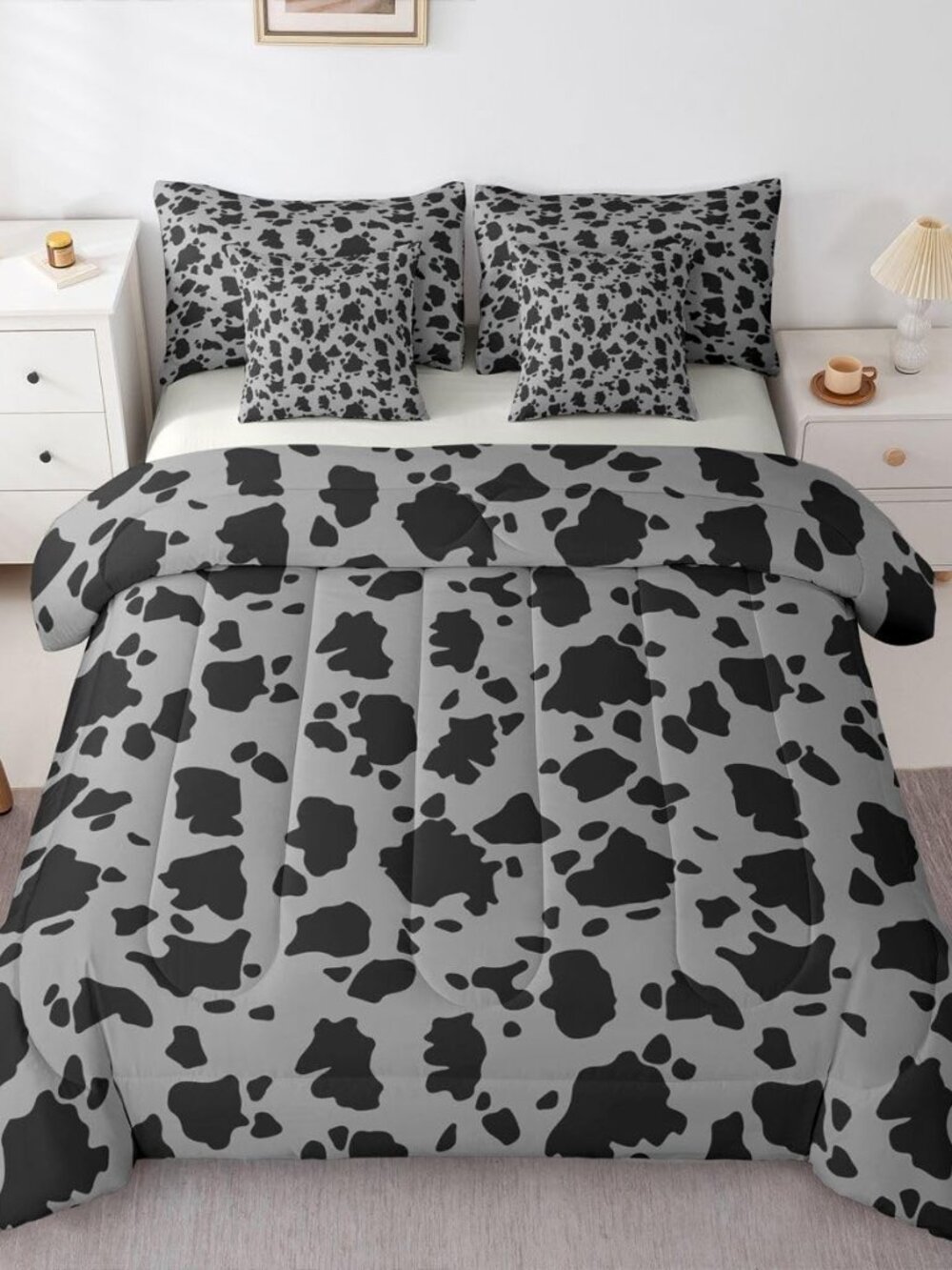 Western Cow Print Queen Comforter Set with Sheets for Kids Boys Girls Black Grey